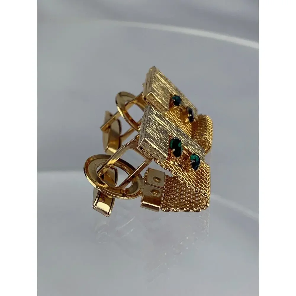 Modernist Block Green Rhinestones Gold Tone Mesh Wrap Cufflinks Vintage N1